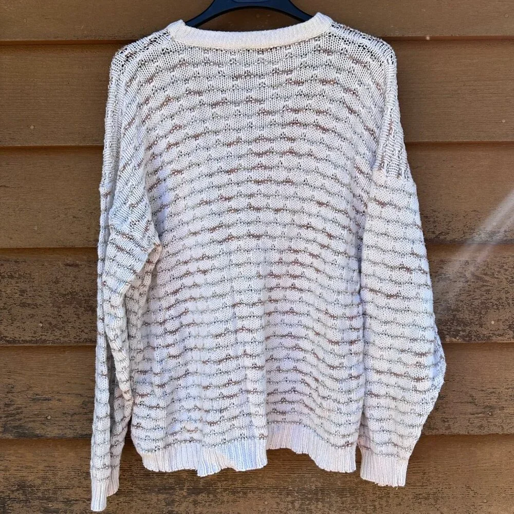 Vintage Oversized Knit Cream Sweater With Brown Pattern Long Sleeves Crewneck Li - Picture 4 of 6